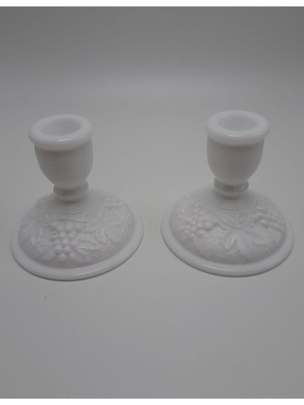 Imperial Glass Milk Glass Candle Holder Pair 1950s Grapes Leaves